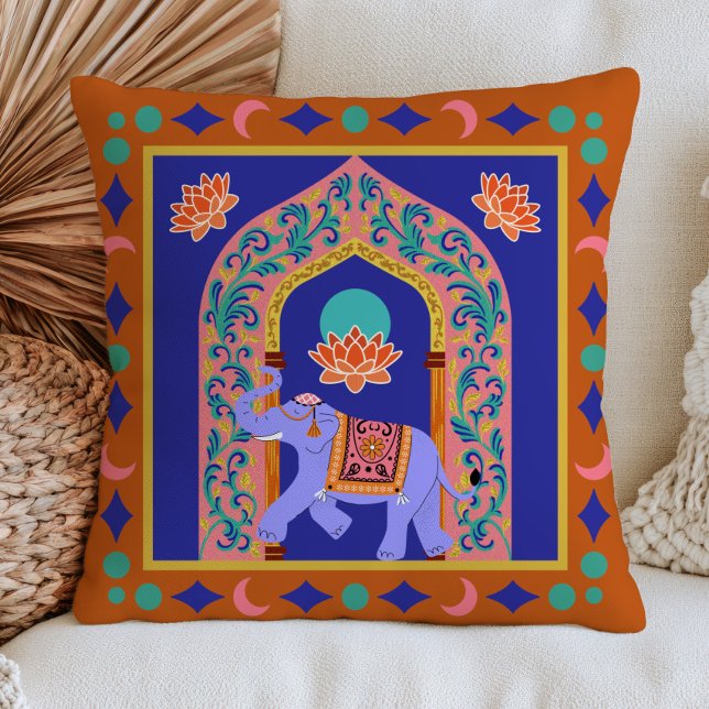 Almofada Elefante Indiano Marrom e Azul Arte Popular BOHO C (Criador carregado)