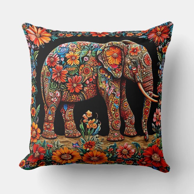 Almofada Elefante Ornamentado Com Padrões Florais Vibrantes (Frente)