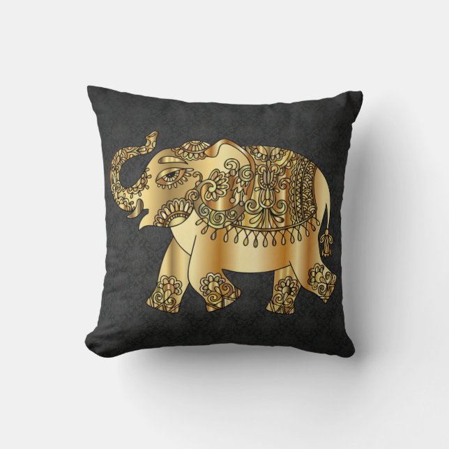 Almofada Elefante Paisley Dourado Elegante, Damasko Preto (Frente)
