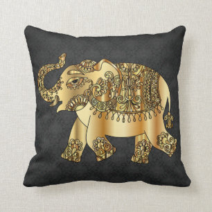 Almofada Elefante Paisley Dourado Elegante, Damasko Preto