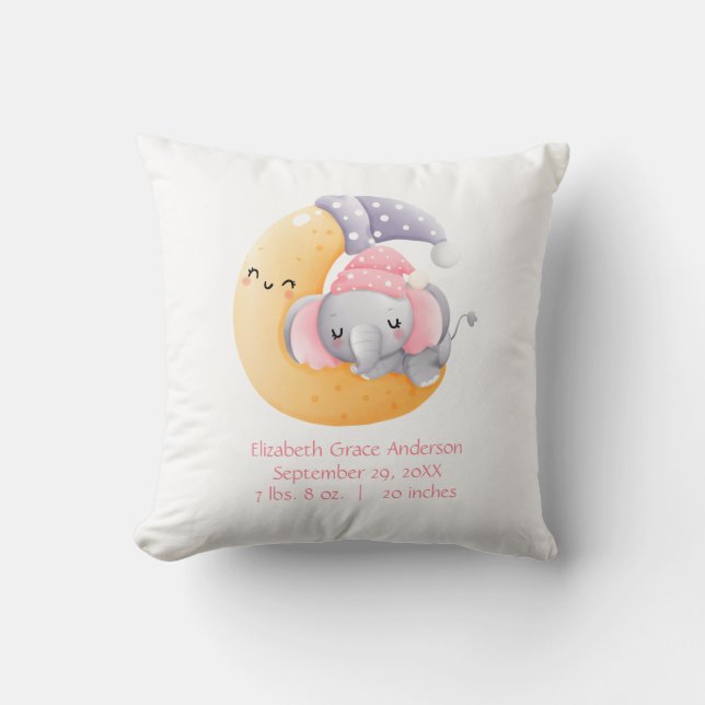 Almofada Elefante Personalizado Menina Rosa-Rosa Lua (Frente)