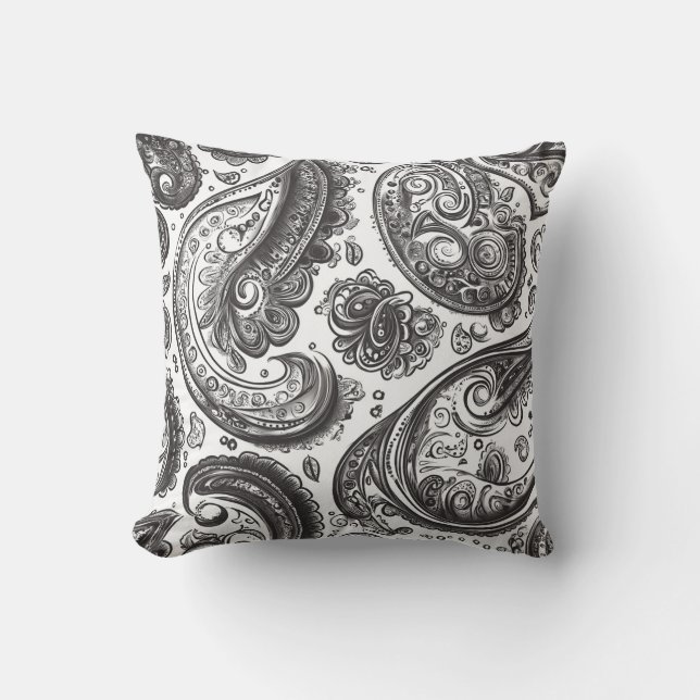 Almofada Elegância de Paisley Preto e Branco (Frente)