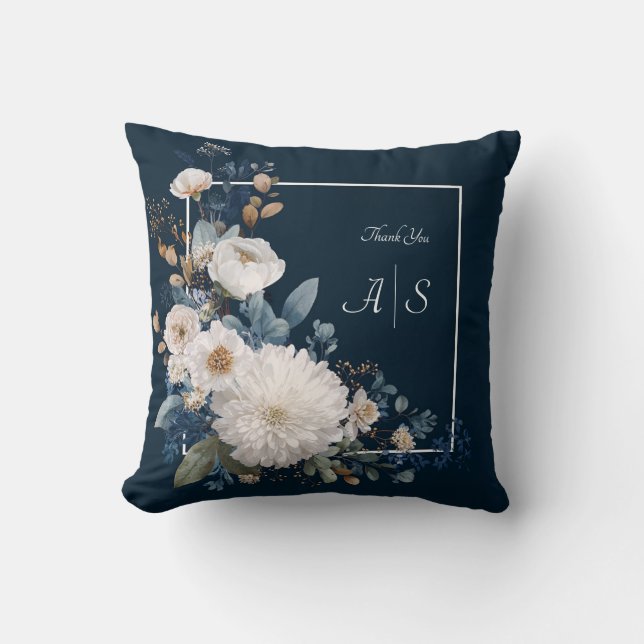 Almofada Elegância Floral Azul Meia-Noite com Blooms Branco (Frente)