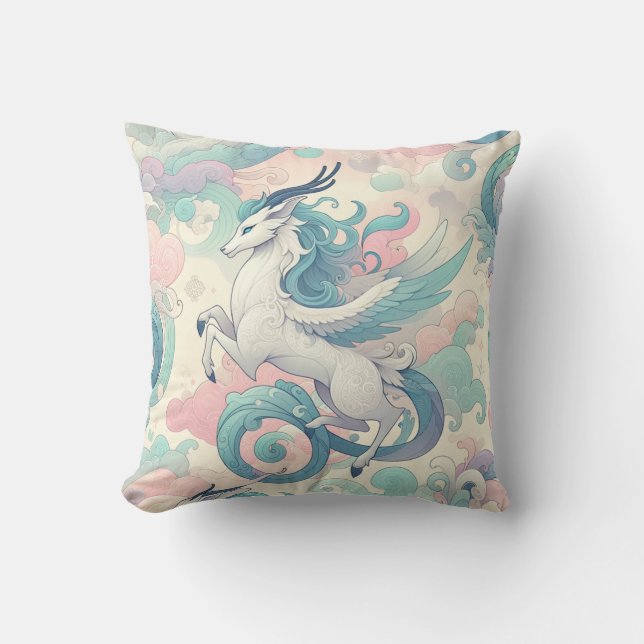 Almofada Elegância Mística: Sussurros Pastel Kirin (Frente)