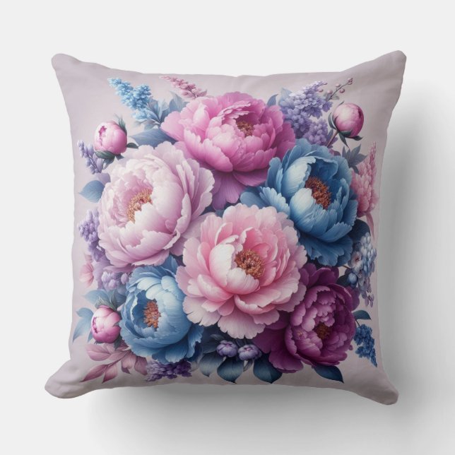 Almofada Elegância Sangrenta: Lilac & Blue Peony Travesseir (Frente)