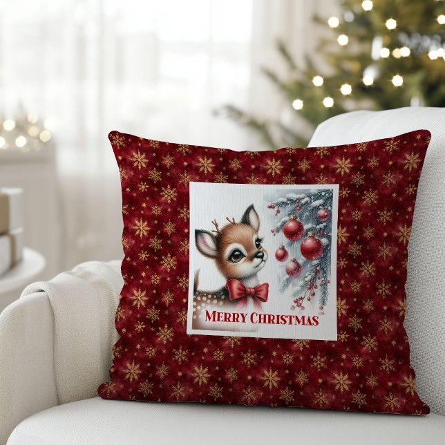 Almofada Elegant Baby Deer Snowy Forest Christmas Pillow   (Enchanting Fawn Christmas Pillow Gift for Kids Room Decor)