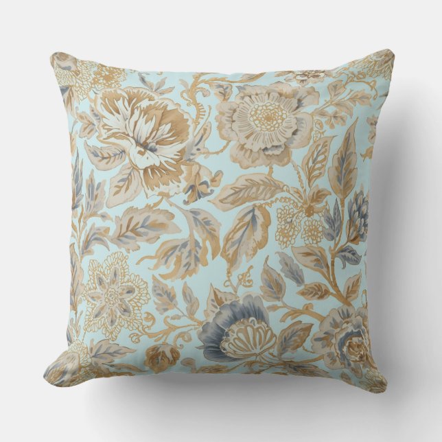 Almofada Elegant,Beigie Gold Soft Blue Flowers Pattern (Frente)