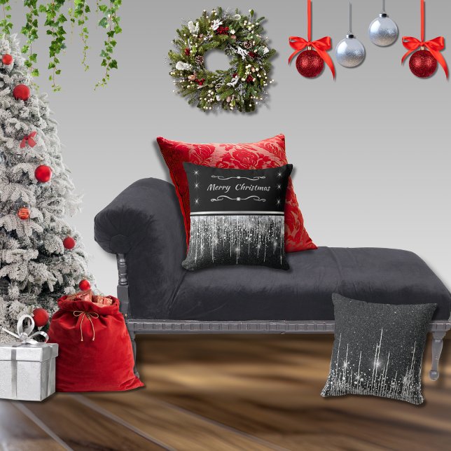 Almofada Elegant Black Sparkly Silver Merry Christmas (Elegant black and silver sparkly icicles and stars throw pillows with "Merry Christmas" throw pillow)