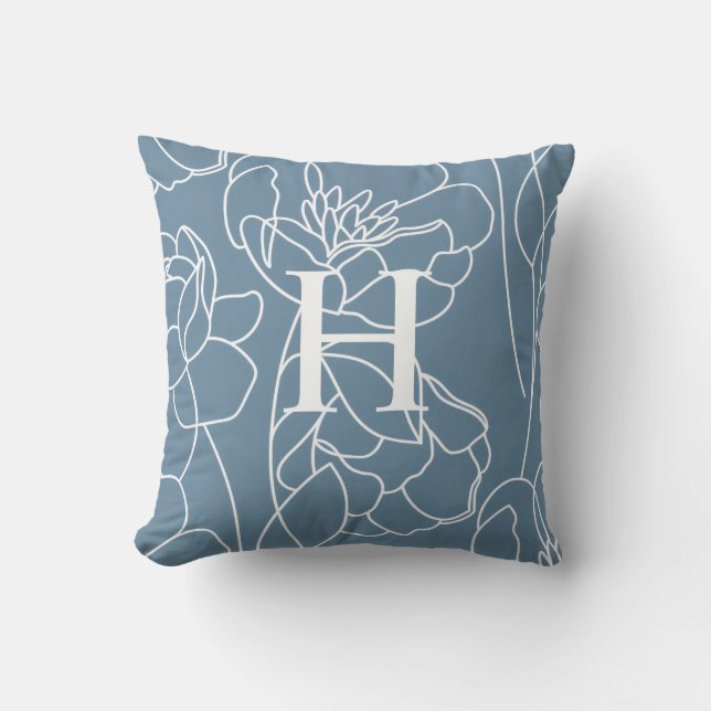 Almofada Elegant Blue Modern Wildflower Monogram Name (Frente)