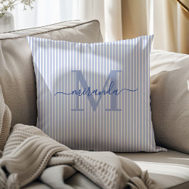 Almofada Elegant Blue & White Stripes Monogram Name