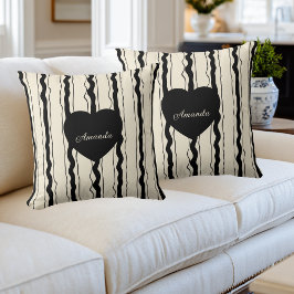 Almofada Elegant Cream and Black Stripes Heart Custom Name
