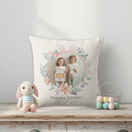 Almofada Elegant Easter Photo Pillow | Bunny Wreath Design