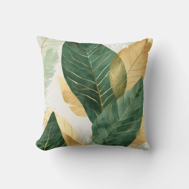 Almofada Elegant Gold & Green Botanical Leaves Throw Pillow (Frente)
