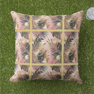Almofada Elegant Gold, Pink and Black Jungle Leaf Pattern