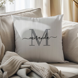 Almofada Elegant Gray & White Stripes Monogram Name