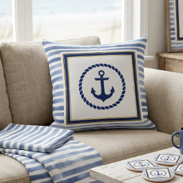 Almofada Elegant Nautical Blue Anchor and Light Blue Stripe