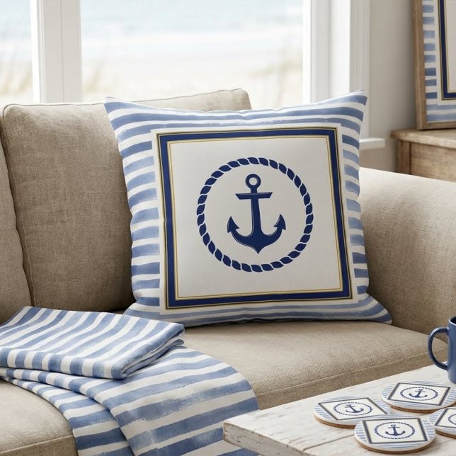 Almofada Elegant Nautical Blue Anchor and Light Blue Stripe (Criador carregado)
