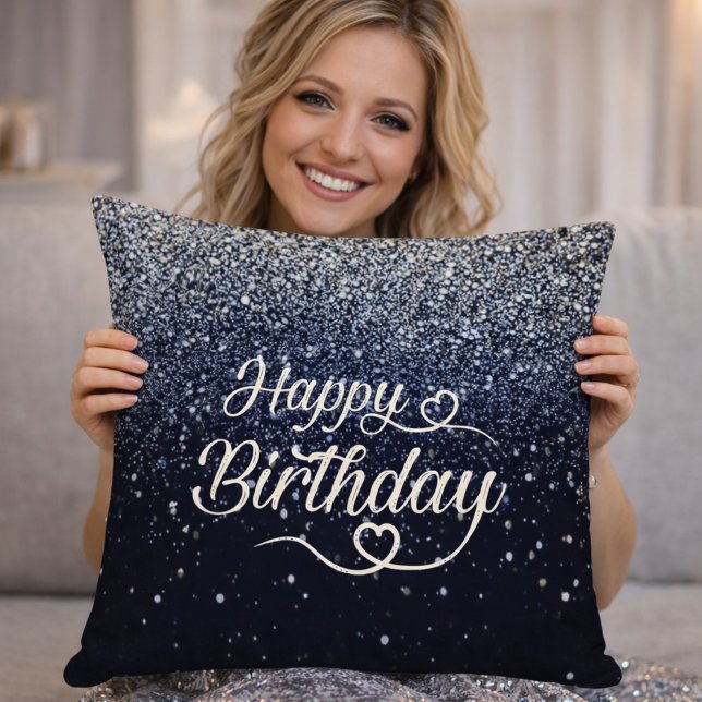 Almofada Elegant Navy Glitter Happy Birthday Throw Pillow (Criador carregado)