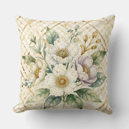 Almofada Elegant Off White Flowers, Gold Lattice Pattern