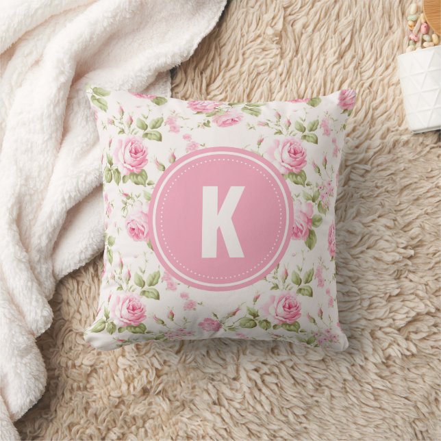 Almofada Elegant Pink Roses Flowers Pattern Monogram (Cobertor)