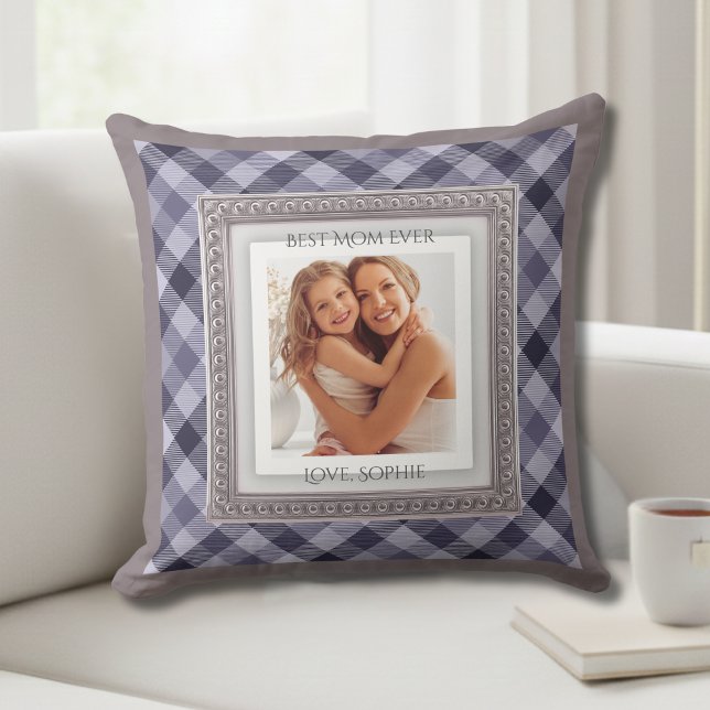 Almofada Elegant Purple Plaid Mother Photo Keepsake (For the mom who loves classic style and precious memories)