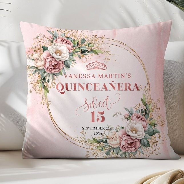 Almofada Elegant Rose Gold Floral Best Gift Quinceañera  (Elegant Rose Gold Floral Best Gift Quinceañera Pillow)