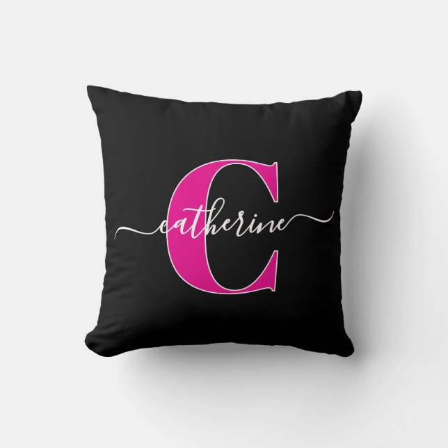 Almofada Elegant Script Minimalist Black Pink Monogram Name (Frente)