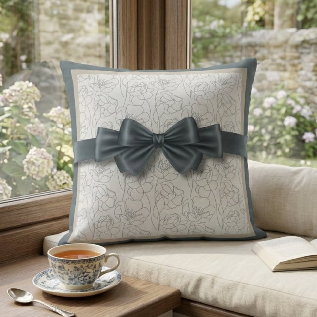Almofada Elegant Slate Gray Modern Ribbon Motif Decorative (Create a cozy reading nook with our modern ribbon motif pillow, perfect for a serene window seat.)
