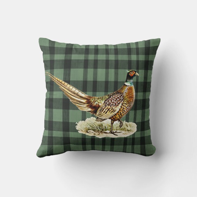 Almofada Elegant Vintage Pheasant Bird on Green Plaid (Verso)
