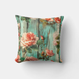 Almofada Elegant Vintage Rose on Turquoise Wood Texture