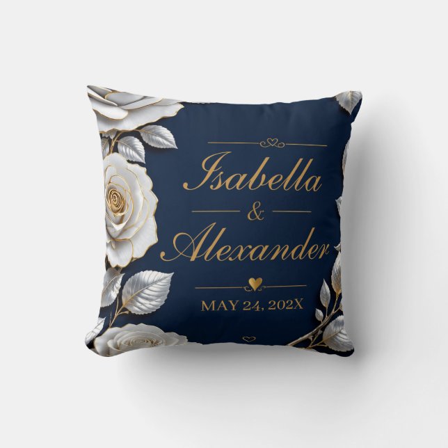 Almofada Elegant White and Gold Rose on Navy Blue  (Frente)