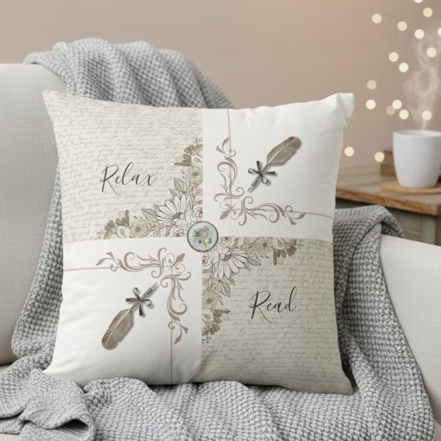 Almofada Elegant White Bookish Quill Home Décor Reading (Cozy up with a unique vintage style home decor throw pillow)