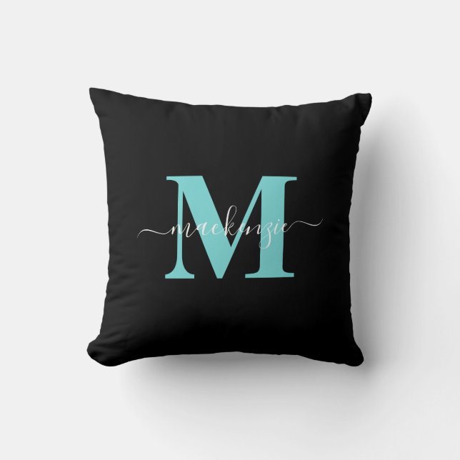 Almofada Elegante Aqua Blue Black Monographic Name (Frente)