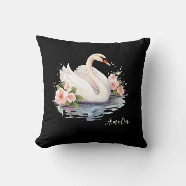 Almofada Elegante Aquarela Floral Black Swan Nome da filha (Frente)