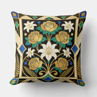 Almofada Elegante Art Deco Rosas Douradas & Lírios Preto