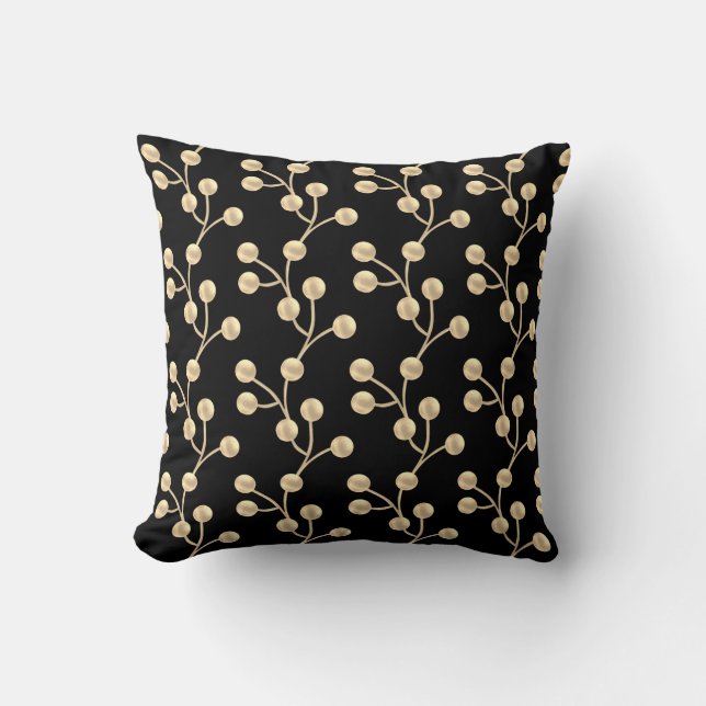 Almofada Elegante Árvore de Jade Dourada Abstrata em Preto (Frente)