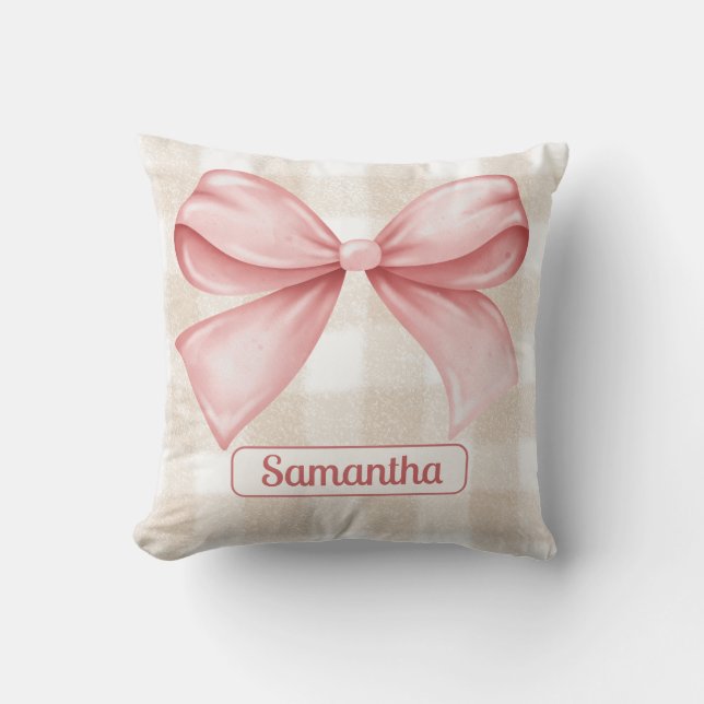 Almofada Elegante Beige Gingham com Destaque de Arco Rosa P (Frente)
