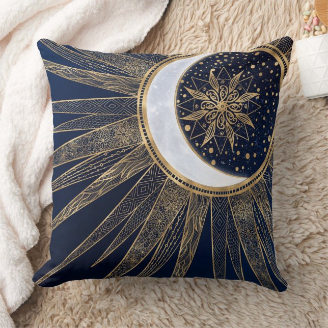 Almofada Elegante Blue Dourado Sun Moon Mandala (Cobertor)