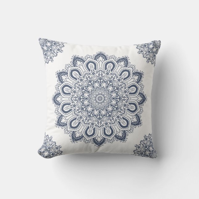 Almofada Elegante Boho Blue e White Mandala (Frente)