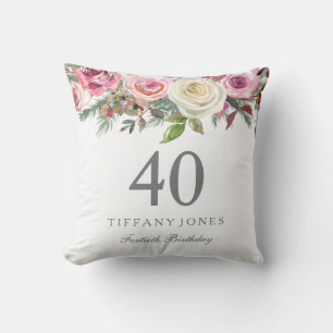 Almofada Elegante branco rosa rosa aniversário de 40 anos