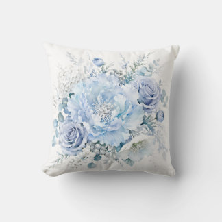 Almofada Elegante Buquê Floral Azul e Branco de Inverno Res