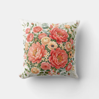 Almofada Elegante Buquê Floral de Peônia Coral e Pêssego
