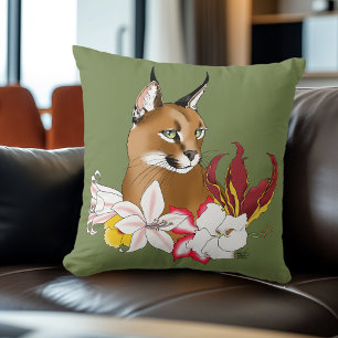 Almofada Elegante Caracal Gato Selvagem Lírios Floral Verde
