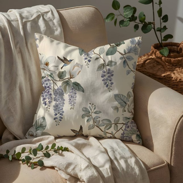 Almofada Elegante Chinoiserie de Flores e Pássaros (Criador carregado)