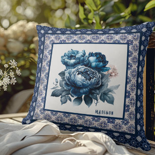 Almofada Elegante Chinoiserie Toile Floral Monograma Azul