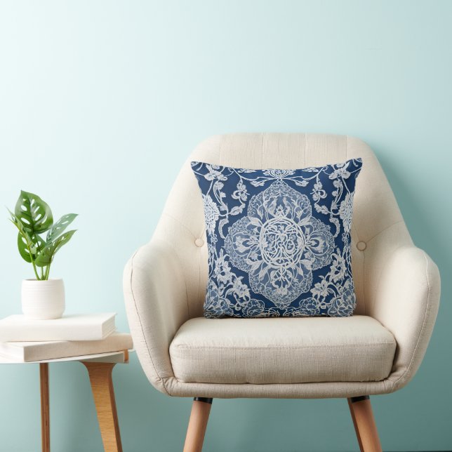 Almofada Elegante com Efeito de Renda Azul e Branc (Cadeira)