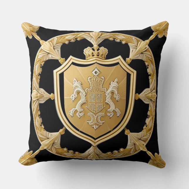 Almofada Elegante Crista Ornamental Dourada com Escudo (Frente)