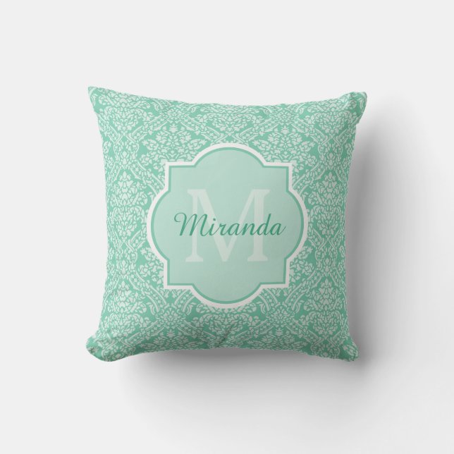 Almofada Elegante damasco verde menta com monograma e nome (Frente)