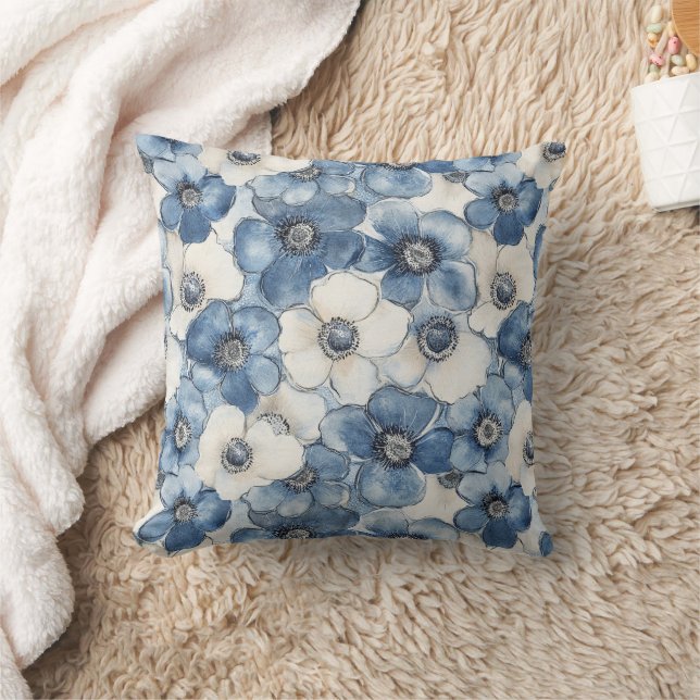Almofada Elegante Denim Branco Flores Azuis Chá de Noiva (Cobertor)