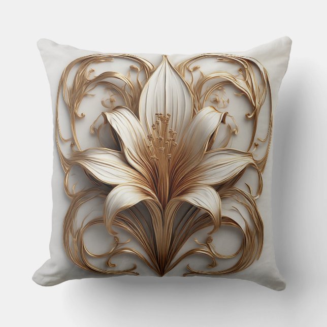 Almofada Elegante Design Ornamental Lírio Dourado Branco (Frente)